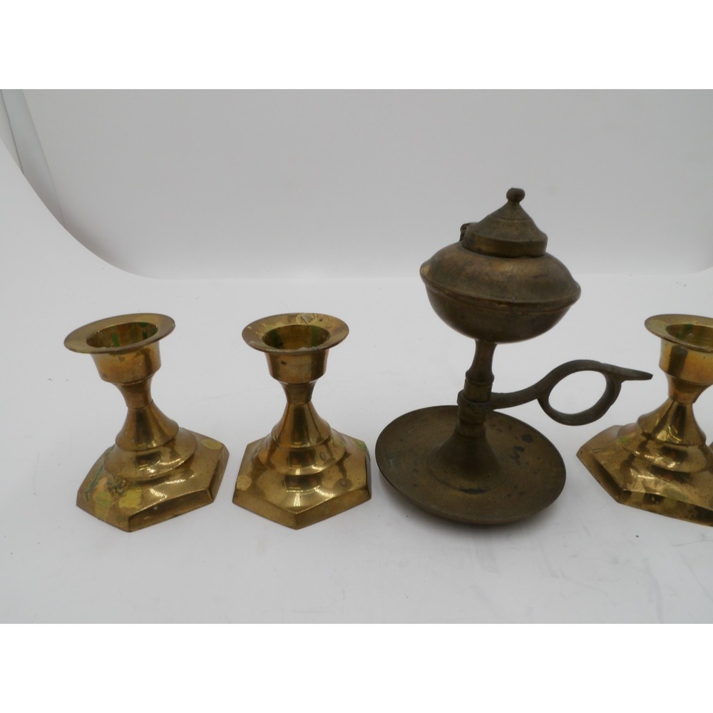 5 Small Brass Candle Holders and Brass Whale Oil Lamp - Picture 3 of 7